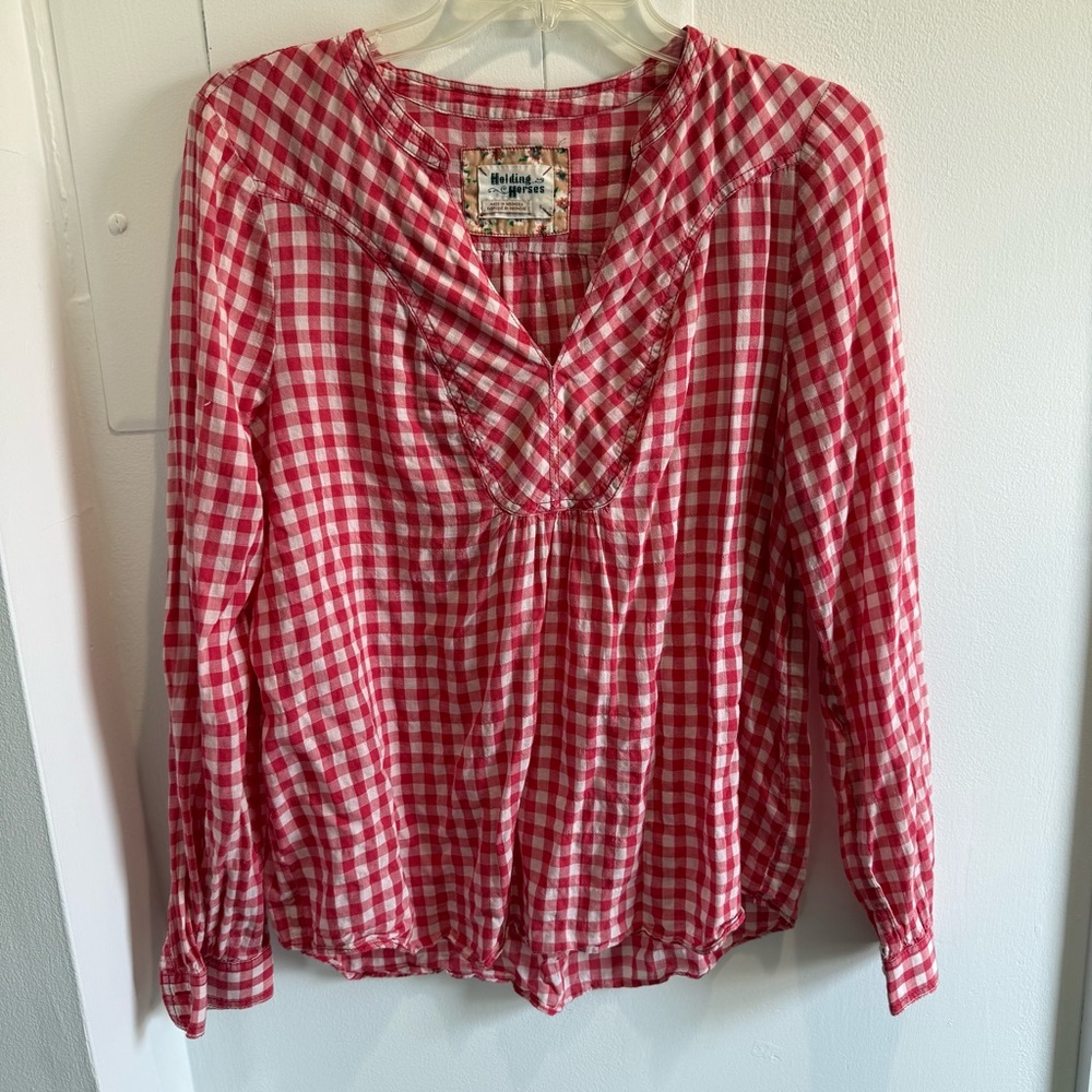 HOLDING HORSES for Anthropology Red and White Gingham Peasant Blouse Fall